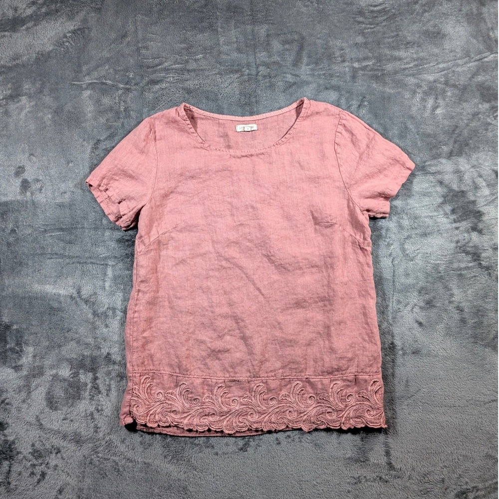 Lina Tomei Women Embroidered Linen Short Sleeve Top S Pink Mauve Boho Coastal